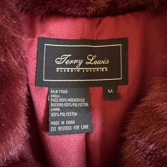 Jerry Lewis Luxuries Burgundy Faux Fur Coat Satin Ribbon Time Size Medium EUC - Picture 7 of 10